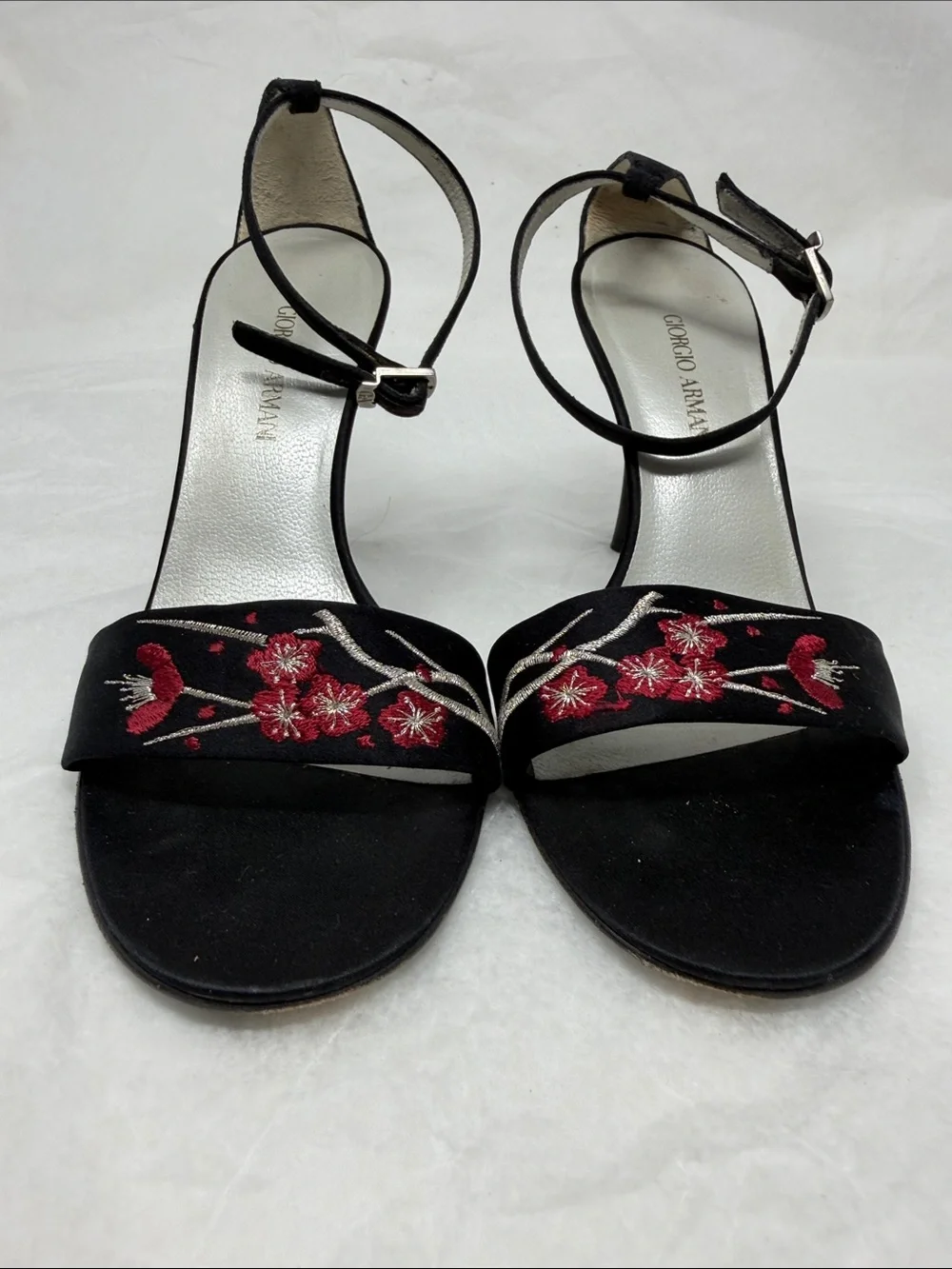 Giorgio Armani Black Embroidered Floral Ankle-Strap Sandals Size 36.5